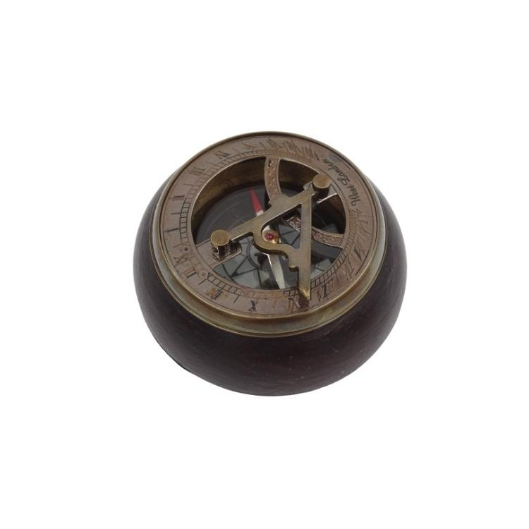 Mosadzný kompas a slnečné hodiny na drevenom podstavci NC2865