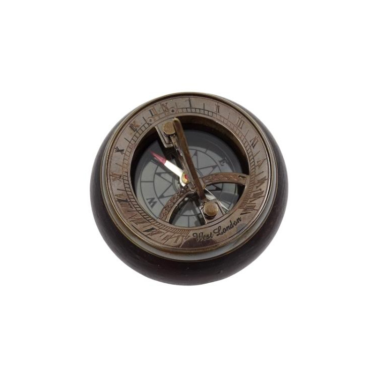 Mosadzný kompas a slnečné hodiny na drevenom podstavci NC2865