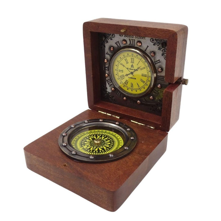Retro kompas a hodiny v drevenej krabičke - NC2030