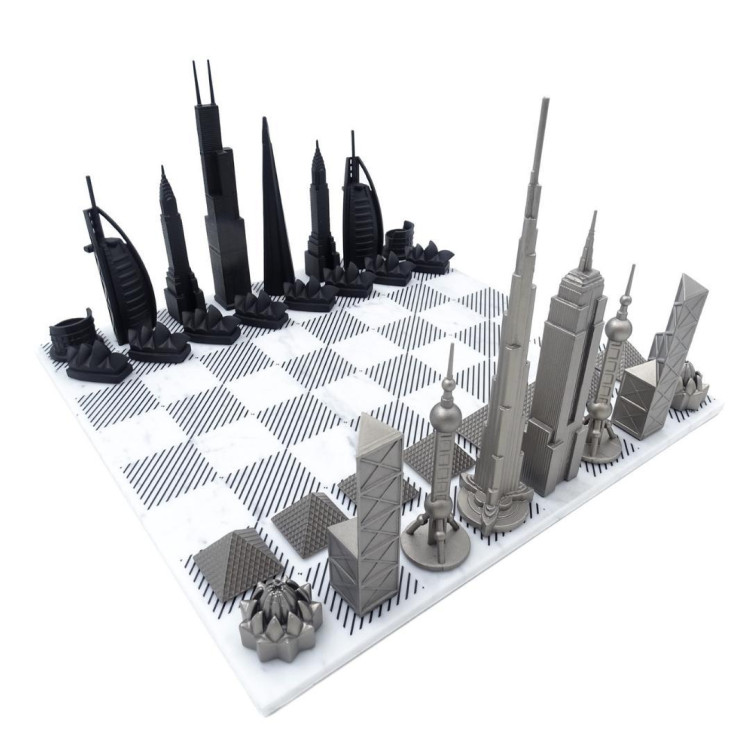 Exkluzívne nerezové šachy na mramorovej šachovnici Skyline World Icons - WI